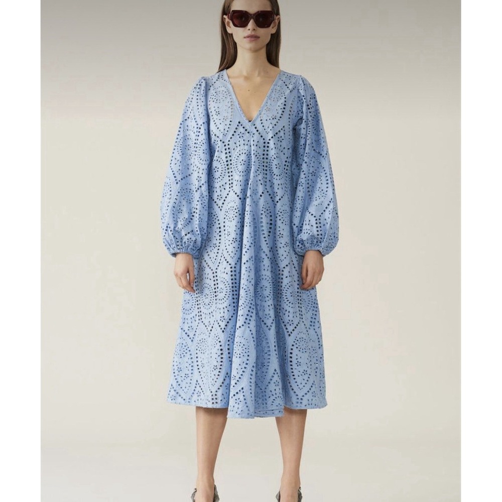 Ganni Broderie Anglaise Eyelet Lace Midi Dress Puff Sleeve Size ~Small Blue